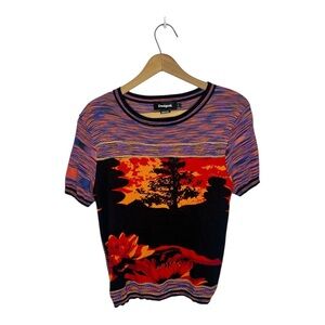 Desigual Sunset Landscape Knit T Shirt Top S Multicolor Graphic Short Sleeve